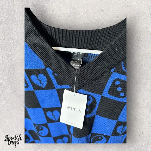 Forever 21 Men's Checkered Yin Yang Blue Black Sweater Vest Size M Trendy Casual - Picture 3 of 3
